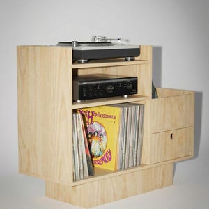 Record Player Stand - Birch Plywood, Vinyl Storage Cabinet, Drawer, 100cm Transparent