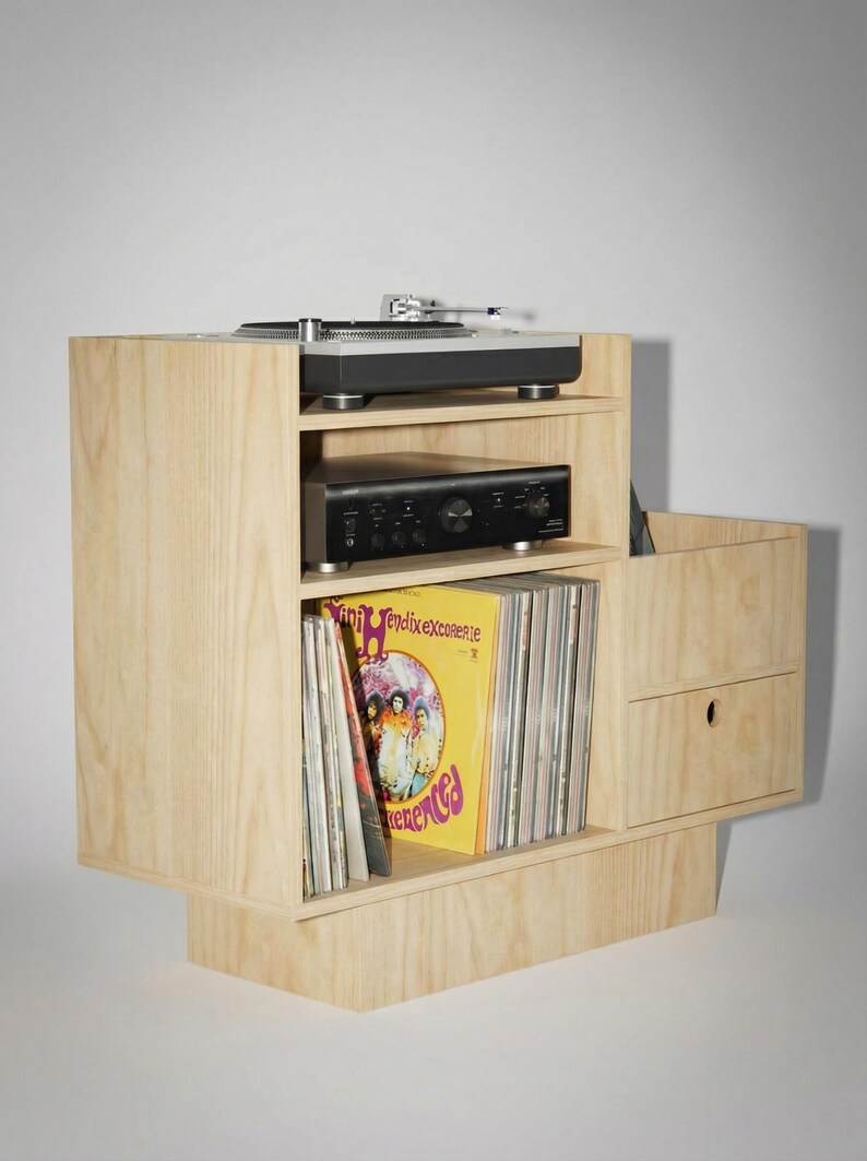 Record Player Stand - Birch Plywood, Vinyl Storage Cabinet, Drawer, 100cm Transparent