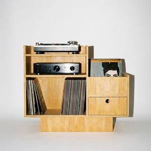 Record Player Stand - Birch Plywood, Vinyl Storage Cabinet, Drawer, 100cm Light Oak