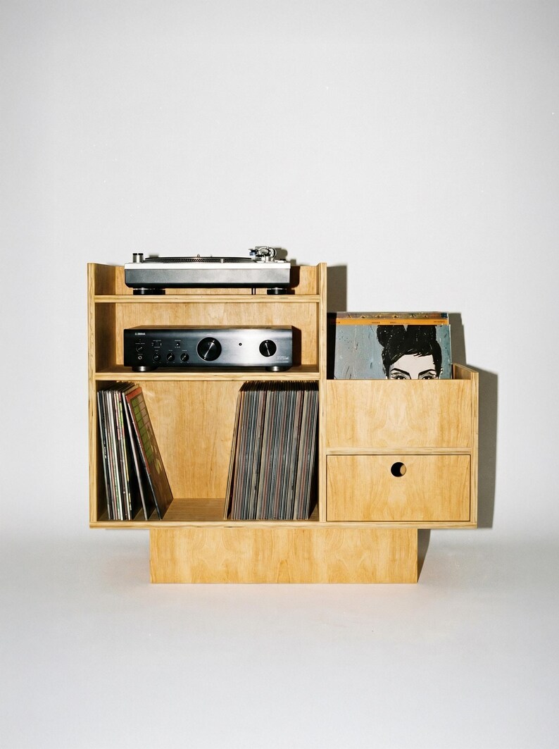 Record Player Stand - Birch Plywood, Vinyl Storage Cabinet, Drawer, 100cm Light Oak