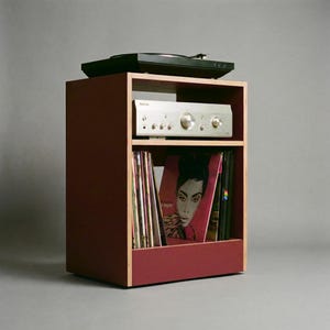 Modular plywood record player stand in oxide red with natural plywood edges shown from a front angled view against a gray background. A black turntable sits on top with a silver stereo component on the shelf below and vinyl records stored upright in the lower section.