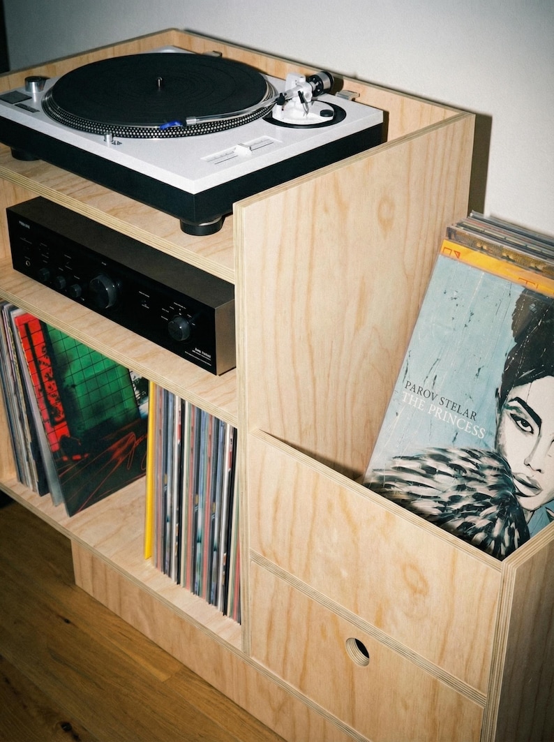 Record Player Stand - Birch Plywood, Vinyl Storage Cabinet, Drawer, 100cm image 9