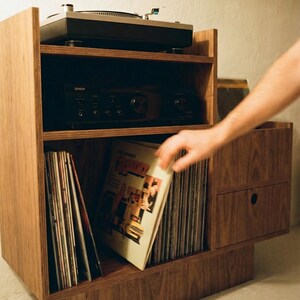 Record Player Stand - Birch Plywood, Vinyl Storage Cabinet, Drawer, 100cm Walnut S