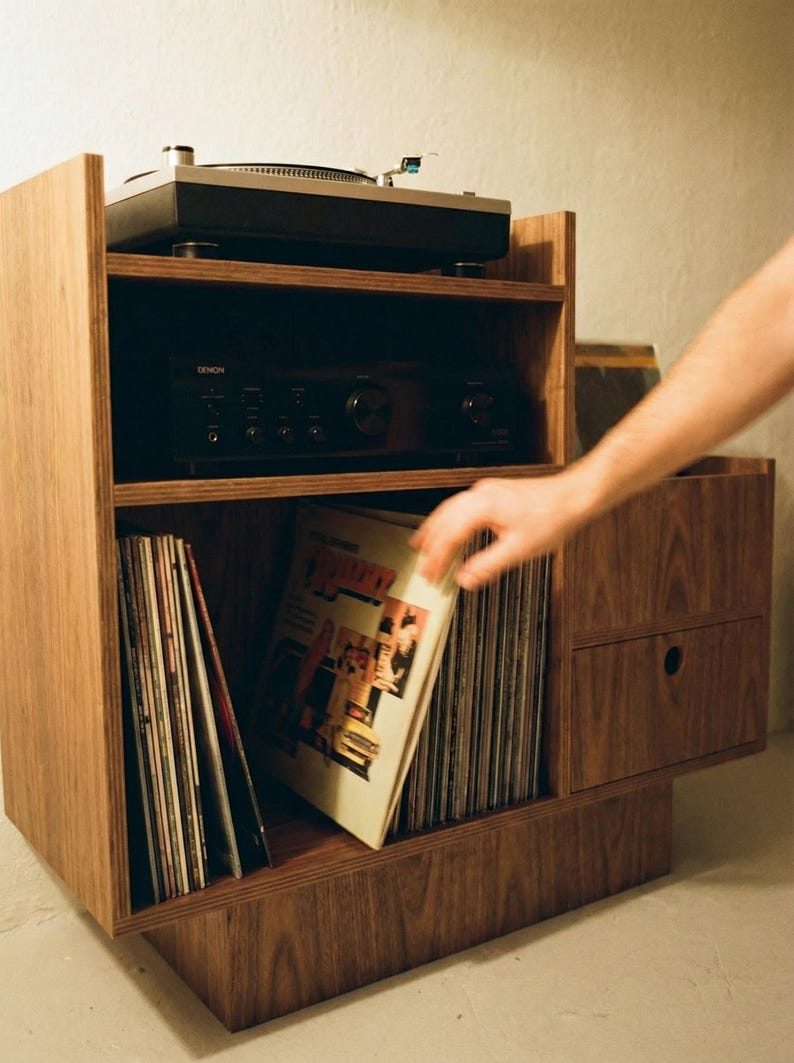 Record Player Stand - Birch Plywood, Vinyl Storage Cabinet, Drawer, 100cm Walnut S