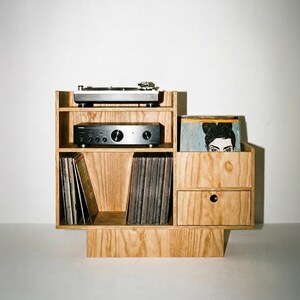 Record Player Stand - Birch Plywood, Vinyl Storage Cabinet, Drawer, 100cm image 7