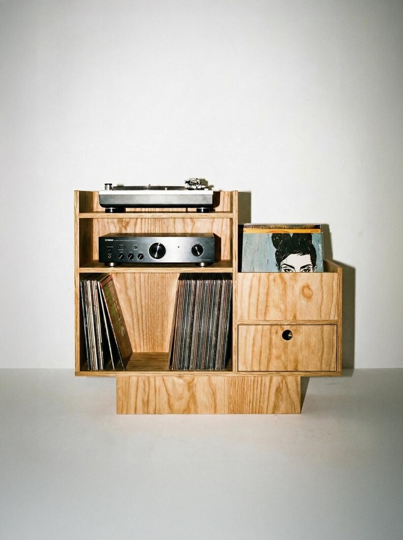 Record Player Stand - Birch Plywood, Vinyl Storage Cabinet, Drawer, 100cm image 7