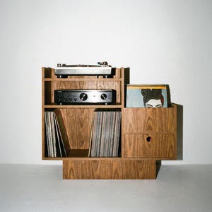 Record Player Stand - Birch Plywood, Vinyl Storage Cabinet, Drawer, 100cm image 1