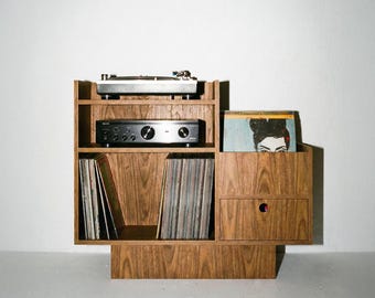 Supporto per giradischi - Compensato di betulla, mobiletto per vinili, cassetto, 100 cm