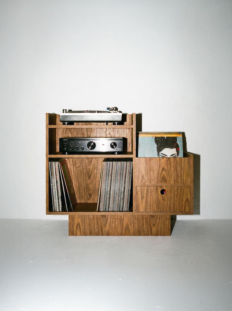 Record Player Stand - Birch Plywood, Vinyl Storage Cabinet, Drawer, 100cm image 1