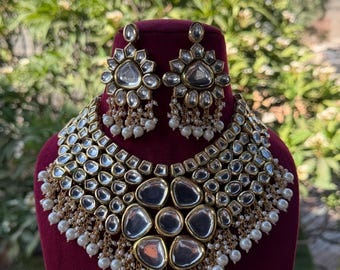 Zestaw naszyjników Polki Kundan z moissanitu, nieoszlifowany: pozłacana biżuteria indyjska