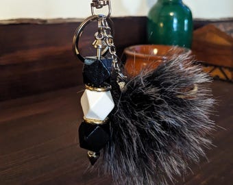 Geometric Bead Keychain with Faux Fur Pom | Bag Charm