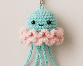 Crochet Jellyfish Keychain with Fluffy Skirt | Handmade Cute Kawaii Accessory | Whimsical Fiber Art Keychain