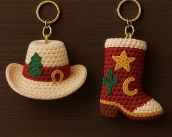 Gehäkelter Mini Cowboy Hut Schlüsselanhänger - Handgemachter Western Taschenanhänger - Süßes rustikales Accessoire