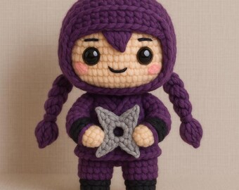 Chaveiro Amigurumi de Ninja Girl – Boneca de Crochê Feita à Mão – Ninja de Pelúcia Roxa – Presente Fofo e Kawaii para Crianças e Amantes de Anime