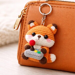Gamer Fox Arcade Joystick Plush Charm, Retro Gaming Bag Accessory for Console Lovers, Pixel Art Inspired Controller Keychain