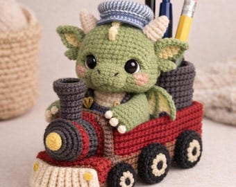 Charming Amigurumi Conductor Pen Holder | Handmade Crochet Train Engine Plush with Smokestack Pen Tube, Single Desk Art