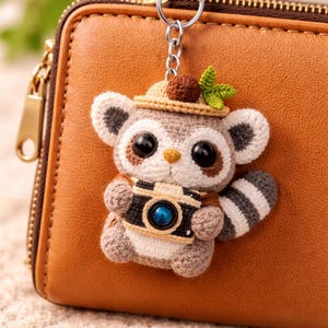 May include: Crocheted raccoon keychain with a camera, wearing a hat with a small brown ball and green leaves. The raccoon has large black eyes and a striped tail. The keychain is attached to a brown leather wallet.