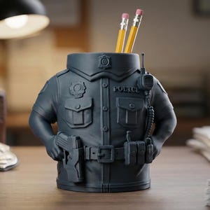 Könnte beinhalten: Ein dunkelgrauer Schreibtisch-Organizer in Form einer Polizeiuniform. Der Organizer hat einen Gürtel, Taschen und ein Funkgerät. Zwei gelbe Bleistifte mit rosa Radiergummis stecken oben. Das Wort "POLICE" ist auf der Uniform zu sehen.