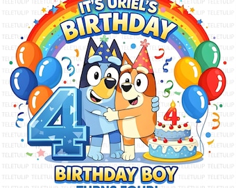 Bluey Birthday PNG, Uriel Turns Four, Cartoon Shirt Design (Digital Download)