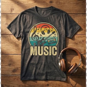 Könnte beinhalten: Dunkelgraues T-Shirt mit einem Retro-Musik-Motiv. Das Design zeigt einen Violinschlüssel, Kopfhörer, eine Gitarre und eine Kassette in einem kreisförmigen Rahmen. Das Wort "MUSIC" ist in einer Vintage-Schriftart gedruckt. Braune Kopfhörer liegen auf einer Holzoberfläche.