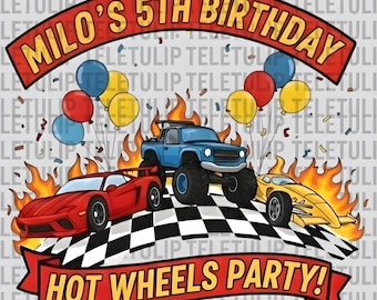 Hot Wheels Birthday PNG Design for Boys, Race Car Birthday Shirt PNG, Hot Wheels Theme Party Decor, Editable Name Age PNG Digital Download