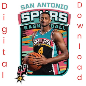 Pode incluir: Download digital com um jogador de basquete do San Antonio Spurs segurando uma bola de basquete. A imagem inclui o logotipo da equipe e as palavras "San Antonio Spurs Basketball". O jogador está vestindo uma camisa preta, verde-azulado e rosa com o número 4.