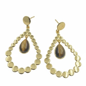 Tiger Eye Teardrop Earrings – Gold Plated Brass Dangle Earrings, Handmade Bezel Set Gemstone Jewelry, Boho Chic Statement Earrings