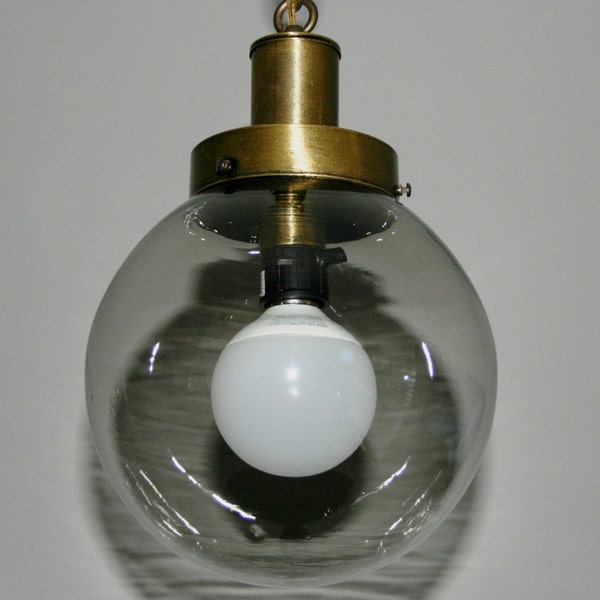 Vintage Mid Century Modern Brass Smoked Glass Hanging Light Fixture indoors & Outdoors Swag light Orb