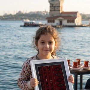 May include: A rectangular white picture frame containing a piece of dark red fabric with a black and white geometric pattern. The fabric features intricate woven details and is displayed within a black mat inside the white frame.