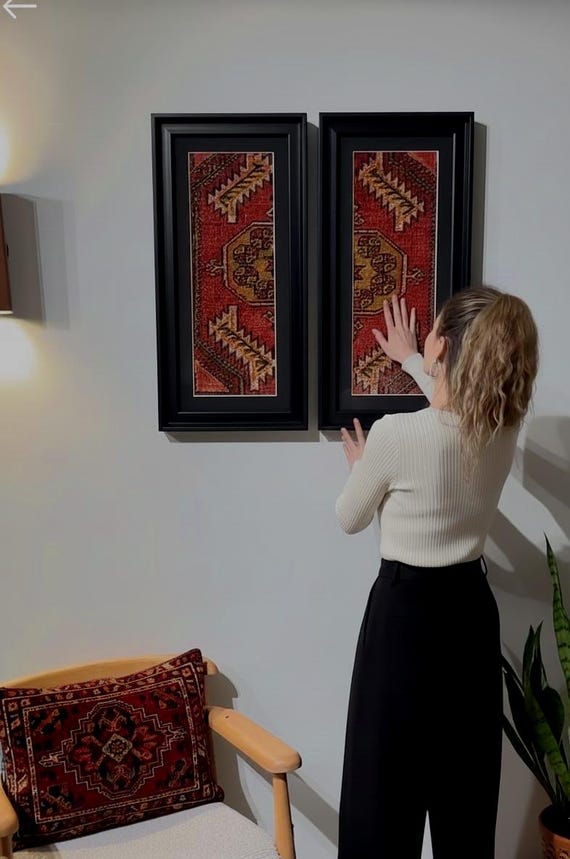 Framed Antique Anatolian Rug Fragments Diptych, Geometric Wool Wall Art (70x30 cm)