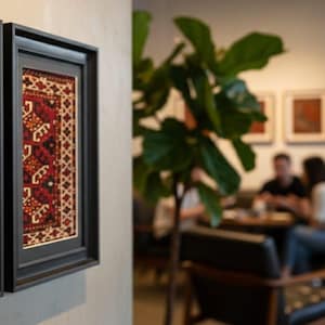 Fragmento de tapete da Anatólia emoldurado, arte geométrica de parede em lã, decoração vintage em tela.