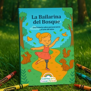 May include: A children's book titled "La Bailarina del Bosque" (The Forest Ballerina) with a cartoon illustration of a girl dancing in a forest. The cover features a blue background, a girl in a red dress, and forest animals. Crayola crayons are scattered around the book.