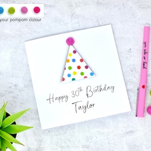 Carte d'anniversaire personnalisée pour tous les âges - chapeau de fête d'anniversaire avec pompon - tous les noms - 18e 21e, 21e, 30e, 40e, 50e, 60e, 70e, 80e, 90e, 100e