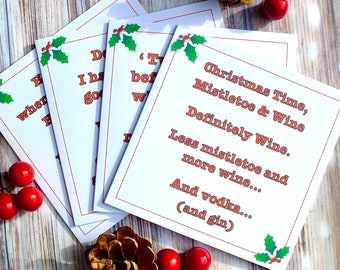 Pack of 4 Funny Christmas Cards - 4 different designs, Drinking Humour, Joke Christmas Card Pack