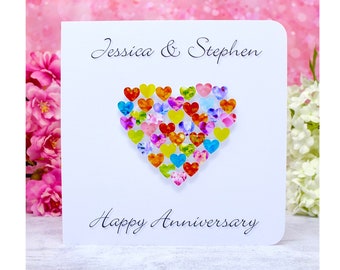 Personalised Wedding Anniversary Card - Happy Anniversary including Names - Colourful Love Hearts from Bright Heart Design