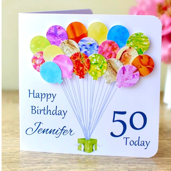 50th Birthday Card - Personalised Age 50 Birthday Balloons Card - Handmade Custom Personalised - Mum - Dad - Sister - Friend Colourful BHB50