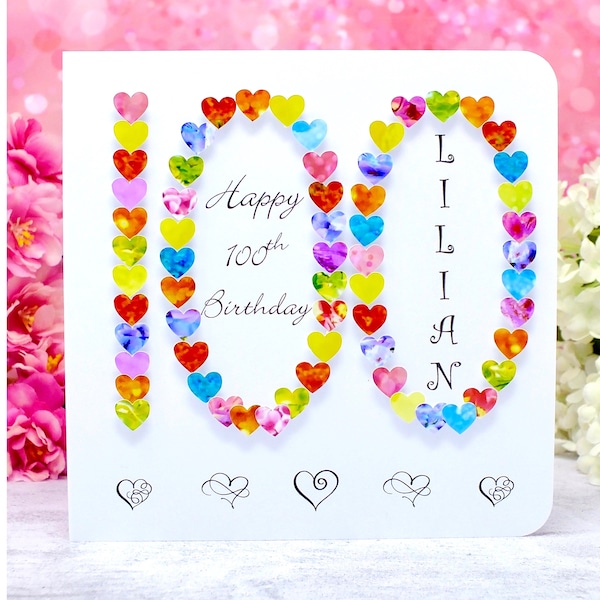 100th Birthday Card, Personalised & Handmade 3D Age 100 Cards, Perfect for Great Grandma Mum Dad or Aunty - Rainbow colours for Her or Him