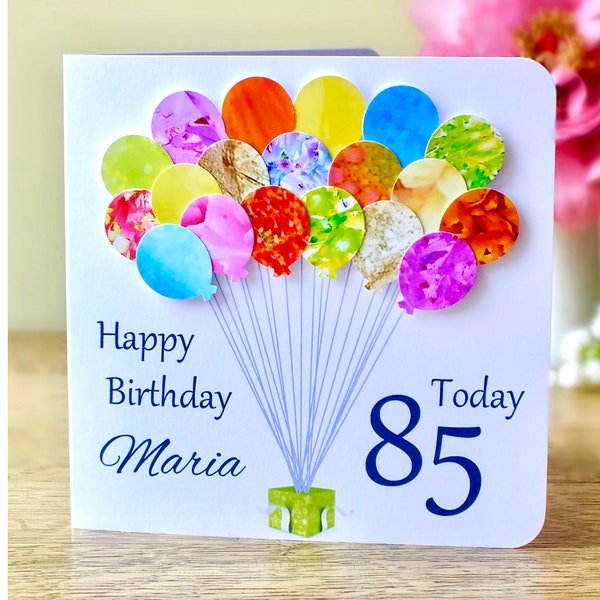 85th Birthday Card - Personalised Age 85 Birthday Balloons Card - Handmade Custom Personalised - Mum - Dad - Aunty - Grandma Colourful BHB85