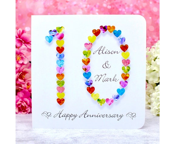 10th Wedding Anniversary Card Handmade and Personalised Our 10