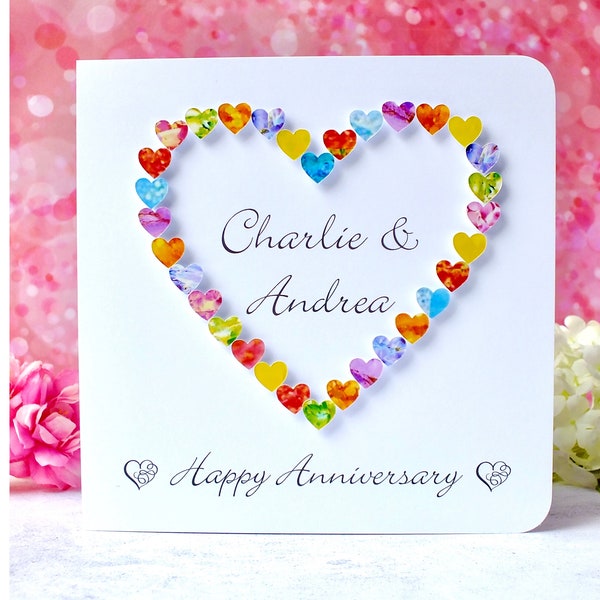 Personalised Anniversary Card for Couple / Friends - Wedding Anniversary Love Heart Design, Handmade & Customised with Names