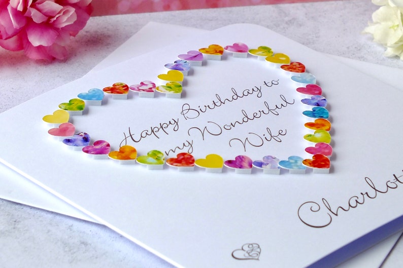 Wife Birthday Card Handmade Personalised Birthday Card for Wife Colourful Luxury 'Happy Birthday to a Wonderful Wife' image 3