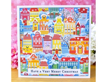 Pack of 4 Colourful Christmas Cards - Xmas Artistic Snowy Town Houses Set - Blank Inside for Friends & Family