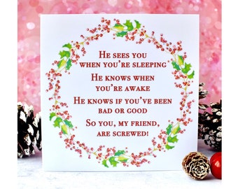 Pack of 4 Funny Christmas Cards - He Sees You When You're Sleeping, Clean Humour for your misbehaving friends & family!