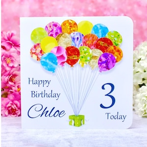 3rd Birthday Card - Personalised Age 3 Birthday Balloons Card - Handmade for Girls or Boys - Daughter - Son - Granddaughter Grandson