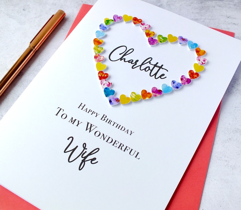 Wife Birthday Card Handmade Personalised Birthday Card for Wife Colourful Luxury 'Happy Birthday to a Wonderful Wife' Large A5 8.3 x 5.8”