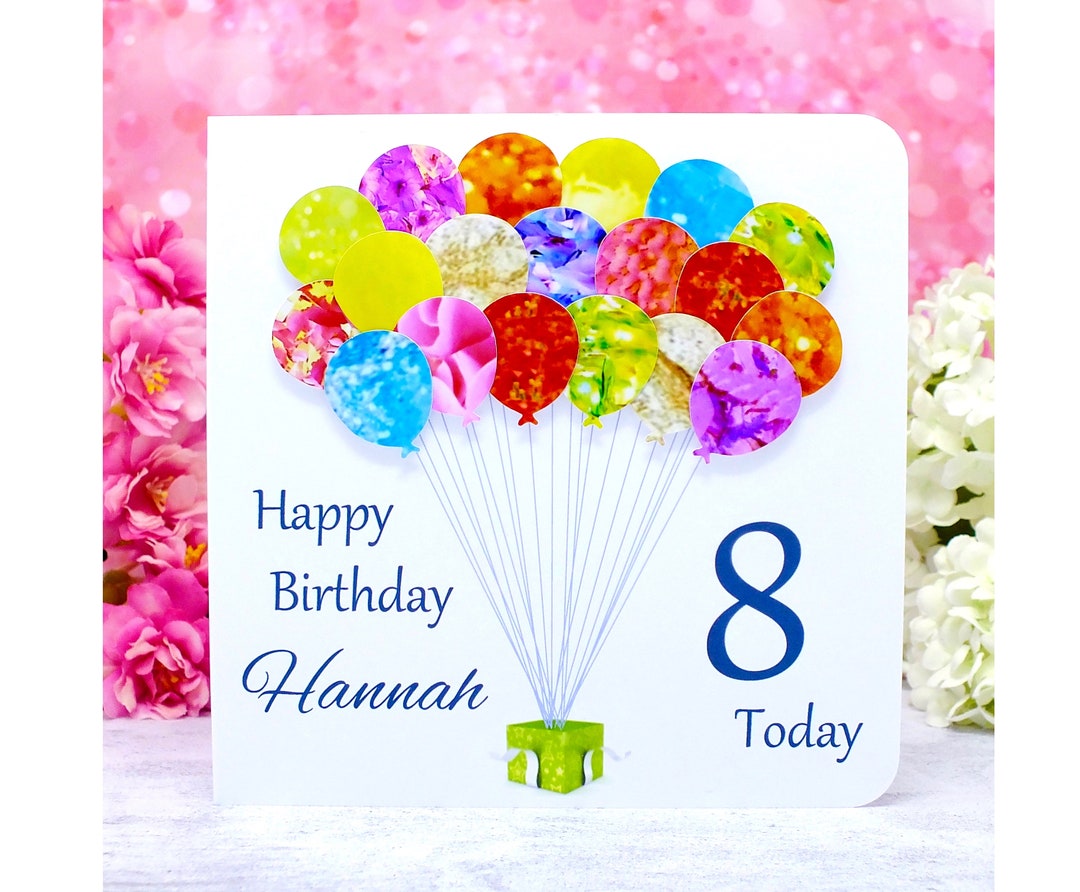 8th Birthday Card Personalised Age 8 Birthday Balloons Card Handmade ...