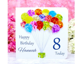 8th Birthday Card - Personalised Age 8 Birthday Balloons Card - Handmade Custom Personalised - Daughter - Son - Granddaughter Grandson