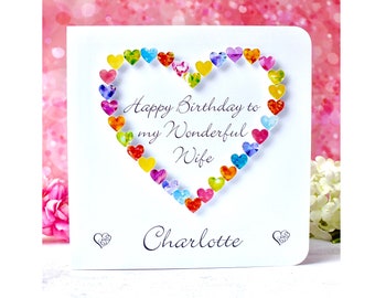Wife Birthday Card - Handmade Personalised Birthday Card for Wife - Colourful Luxury 'Happy Birthday to a Wonderful Wife'