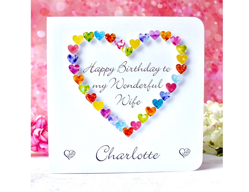 Wife Birthday Card Handmade Personalised Birthday Card for Wife Colourful Luxury 'Happy Birthday to a Wonderful Wife' Original 5.5" Square