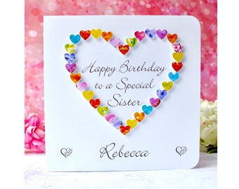 Sister Birthday Card - Handmade & Personalised Birthday Card for a Special Sister - Colourful Love Hearts Card from Bright Heart Design